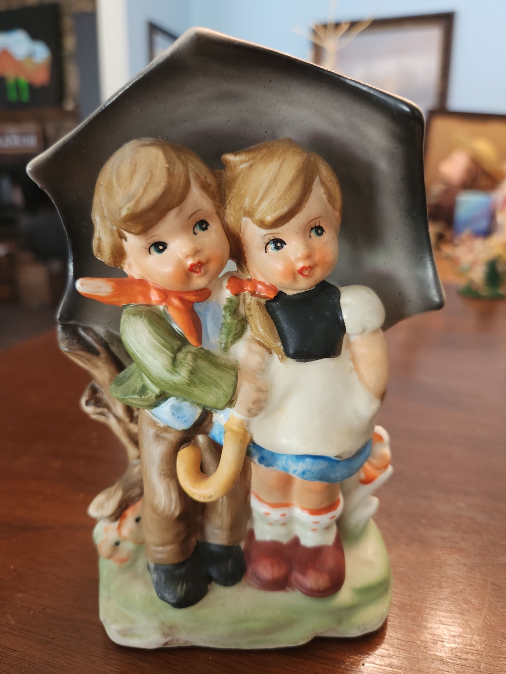 Vintage Aynsley Ceramic Boy and Girl Figurine Under Umbrella - Multi-Color